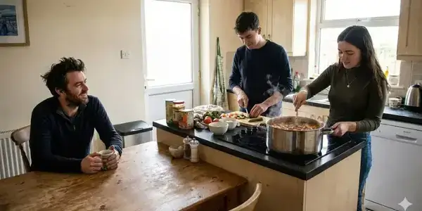 Roommates cooking a vibrant vegan meal while a man sits at the kitchen table